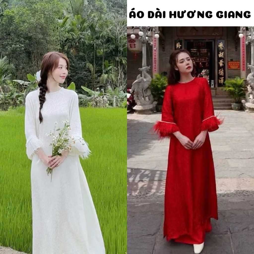 Z68 - Brocade Ao Dai แขนเสื้อบานและขนนก - หูกงเซียงอ่าวได