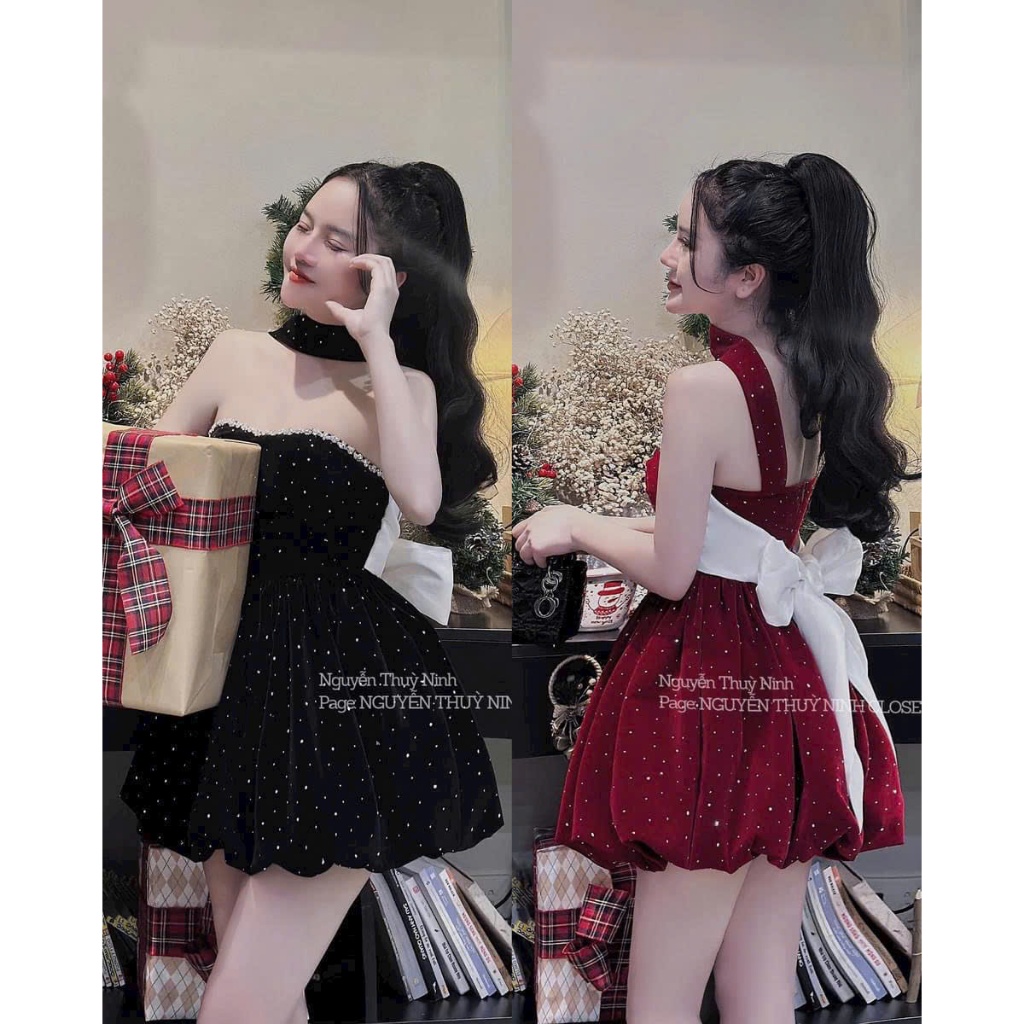 เดรสผู้หญิงแฟชั่นใส่ไปเที่ยว เทท เนื้อกํามะหยี่โบรเคด 2 ชั้น สายคาดหน้าอก แต่งหิน เข็มขัดคล้องคอ ผูกโบว์ กระโปรงบาน 2 สี