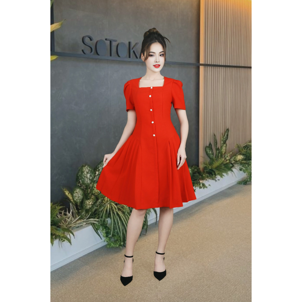 เดรส 2 ชั้น แขนเกาสีแดง คอ ยู ไหล่พอง ขาจีบทั้งสองด้าน ddb083ทํา3