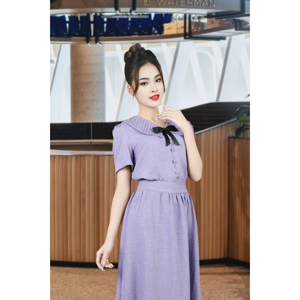 เสื้อครอปสีม่วง เสื้อแขนสั้นคอปกโบว์ ADB2353TI