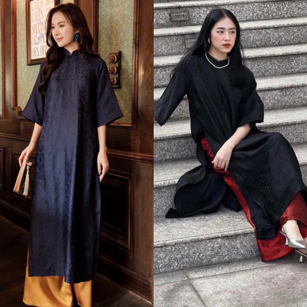 Mysterious Black Brocade Ao Dai - Ancient Straight Ao Dai Design in Luxurious 2P Collar Silk Brocade