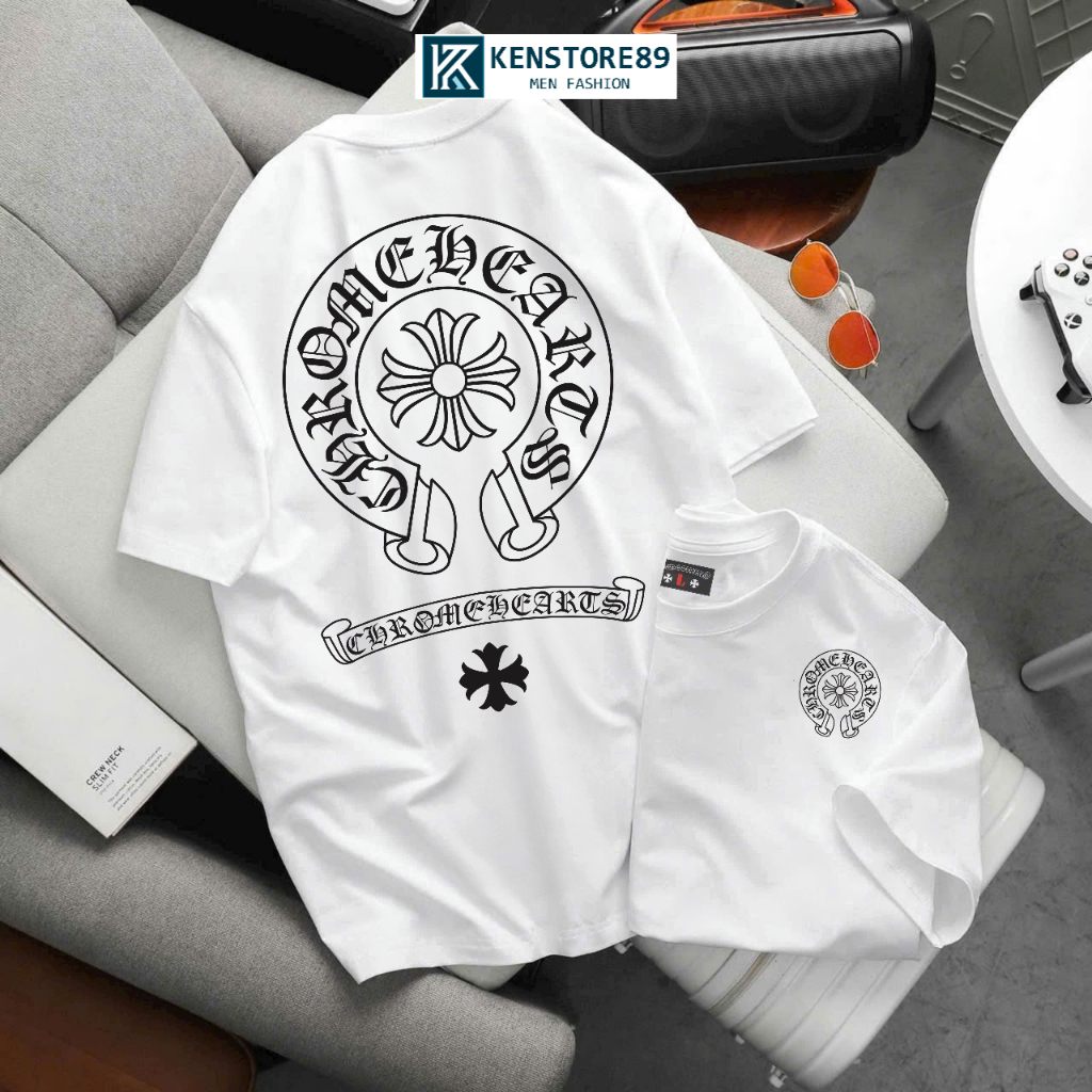 Chorme Hearts เสื้อยืดคอกลมผู้ชายคุณภาพสูง Unisex แขนสั้นผ้าฝ้ายขนาดใหญ่ KENSTORE89 ATK088