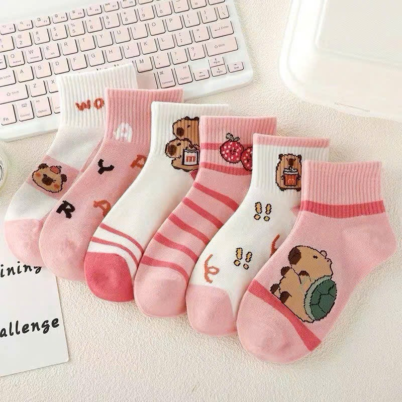 ชุดถุงเท้าผ้าฝ้ายเด็กผู้หญิง 5 คู่ ลาย Cabybara ผ้าฝ้ายเนื้อนุ่ม te74 Ht.store1990