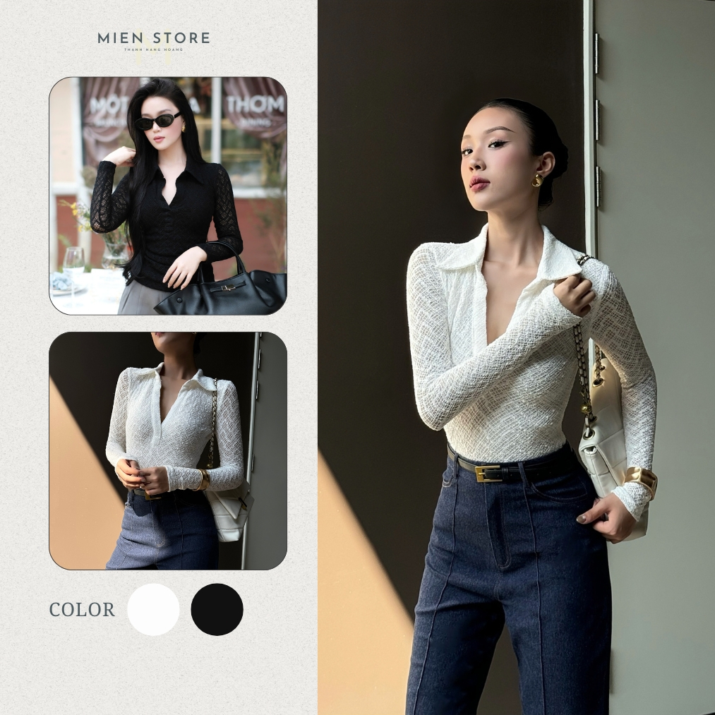 Mia MIEN STORE เสื้อยืดลูกไม้แขนยาวกระชับสัดส่วนสําหรับผู้หญิง 2 ชิ้น