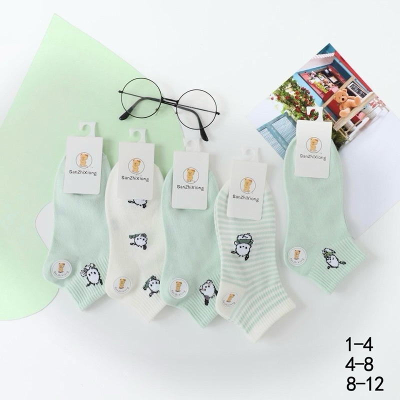 {ชิลเดน} ชุดถุงเท้าเด็กสีฟ้าครีม 5 คู่ปักลายน่ารักทําจากผ้าฝ้ายเนื้อหนา (ทีอี03) ผ้าคอตตอน