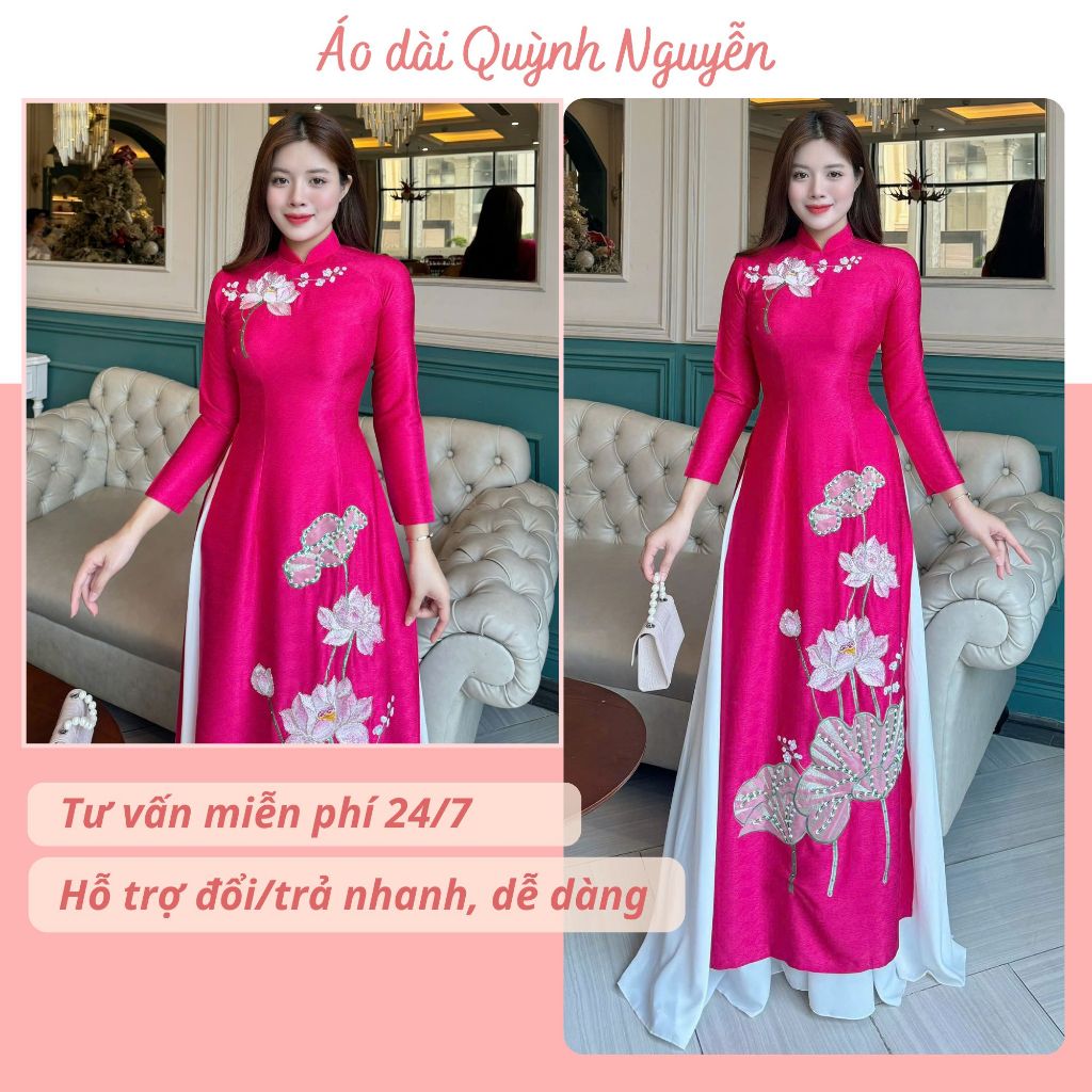 Ao Dai แบบดั้งเดิม ผู้หญิง Ao Dai พร้อมผ้าลายไม้และปักลายดอกไม้หรูหรา Quynh Nguyeen Ao Dai MA TK173