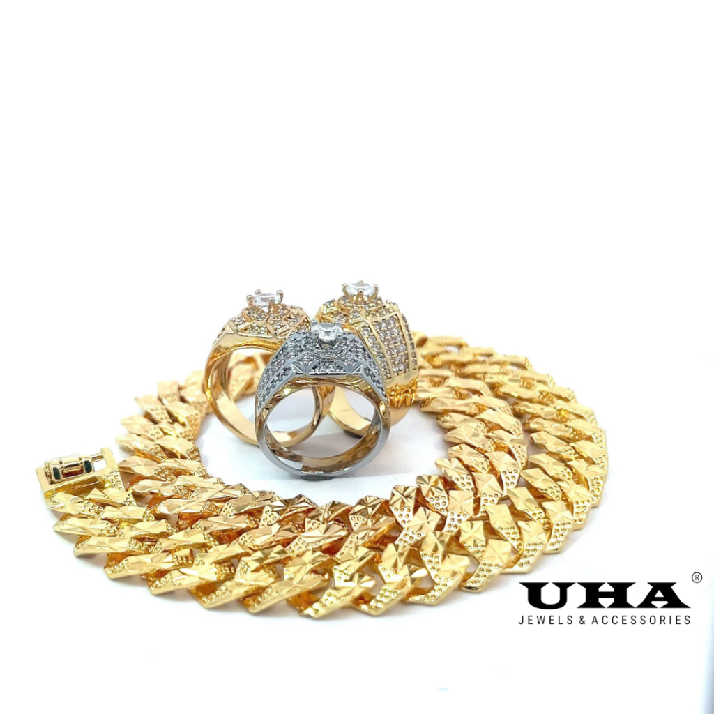 N457-L24K07 COMBO 1 สร้อยข้อมือ, 1 แหวนผู้ชายพร้อมหิน UHA CZ