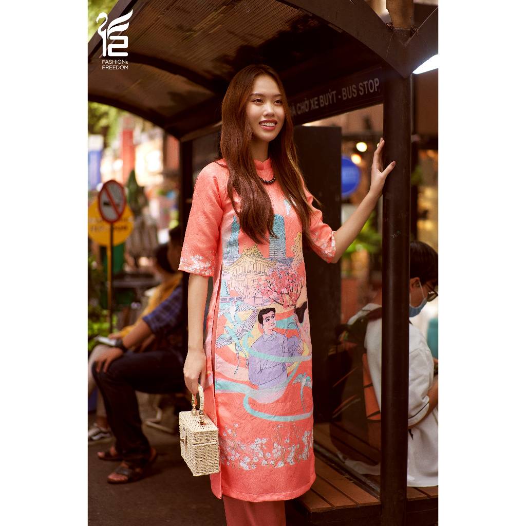 ผู้หญิง Ao Dai F2 แฟชั่น & Freedom ฤดูใบไม้ผลิสีชมพูผ้าโบรเคดรอบคอแขนหลวม,ศิลปะฤดูใบไม้ผลิดอกไม้รูปแ