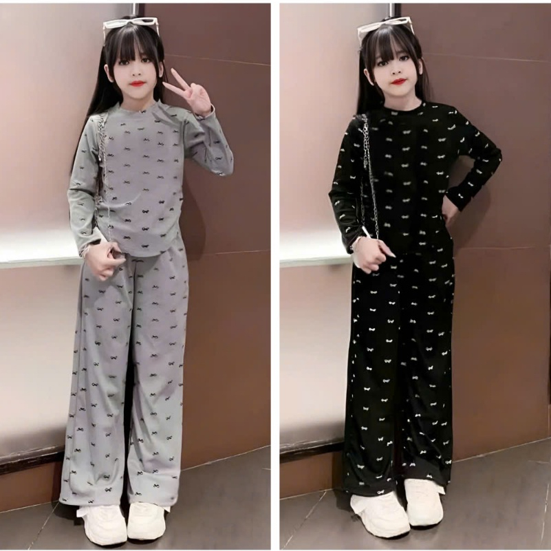 ฤดูหนาว FALL OUTFITS สําหรับเด็กผู้หญิงพร้อมโบว์พิมพ์กับกางเกง WIDE-LET สไตล์สําหรับเด็ก M08
