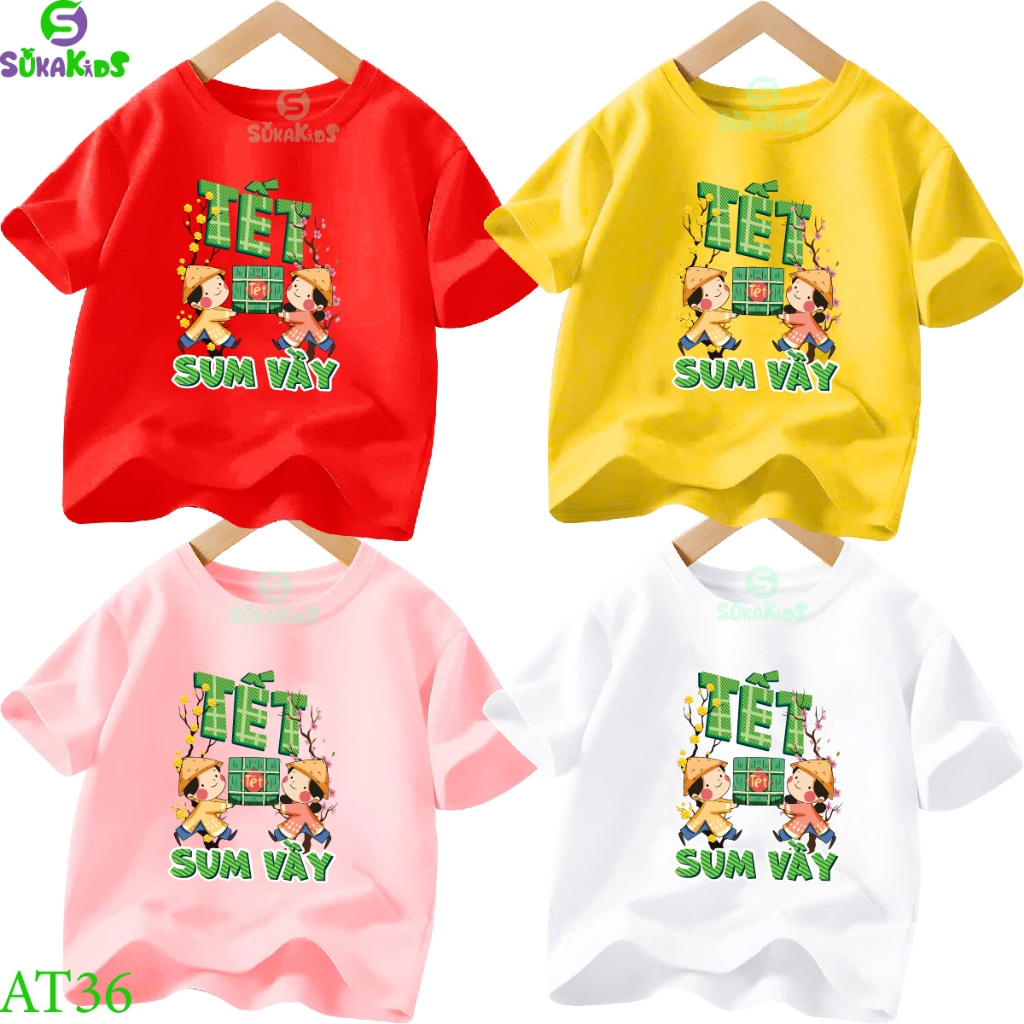 Combo 3 เสื้อยืด Tet reunion สําหรับเด็กชายและเด็กหญิงพิมพ์ลายฤดูใบไม้ผลิสําหรับเด็ก 6-29kg.AT36