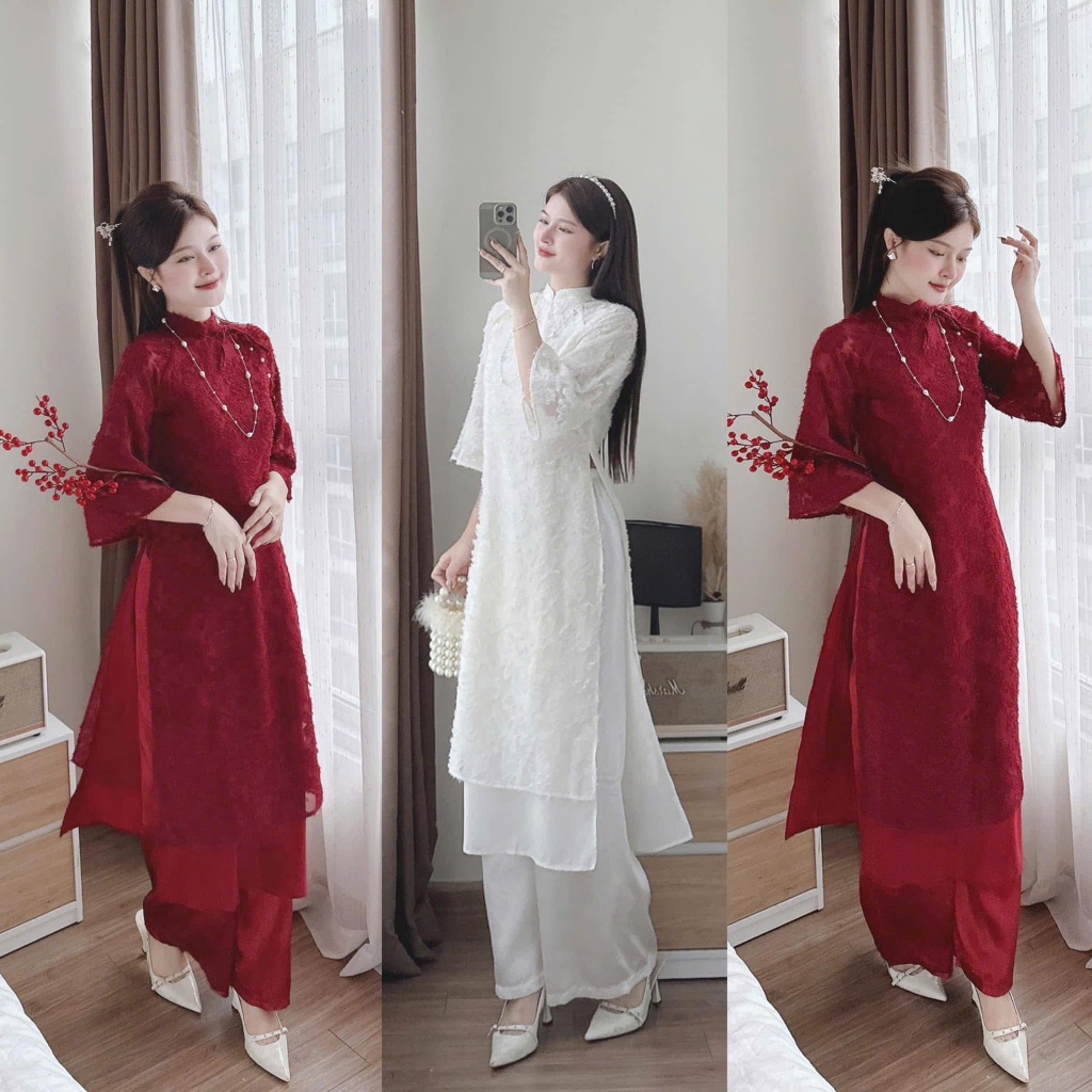 Y20 Modern feather ao dai ดีไซน์ปกโบว์ คอปกรถไฟ กางเกงผ้าไหม ao dai ET 2025 Van Akara