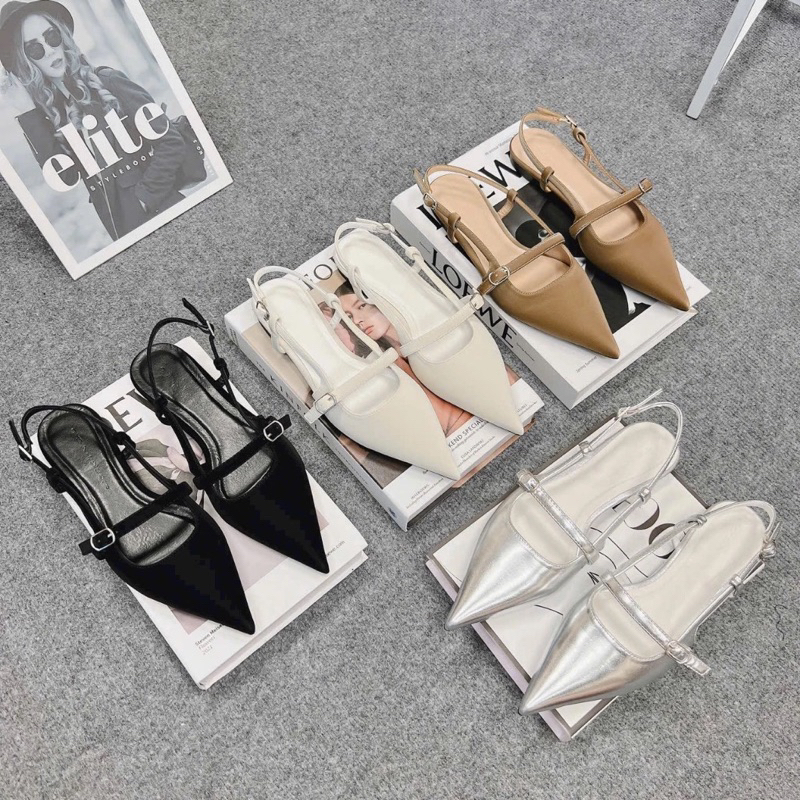 รองเท้าแตะส้นแบนหัวแหลมเรียบพร้อมหัวเข็มขัดแนวนอนขนาดเล็ก Big size 35/44