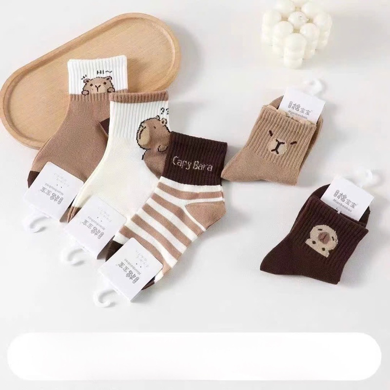 Set 5 คู่ ถุงเท้าเด็ก Cotton ผสมลาย CapyBara โทนสีน้ําตาล รุ่นใหม่สุดฮอต Te90, Ht.store1990