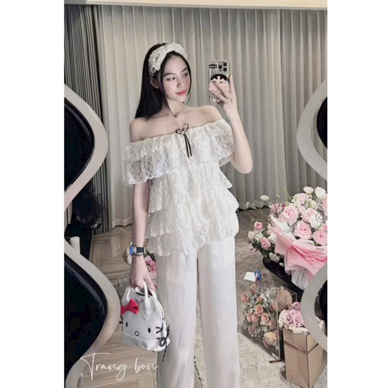 เสื้อปาดไหล่ลูกไม้ผู้หญิง ชุดเซตพร้อมกางเกงผ้าซาตินผ้าไหม