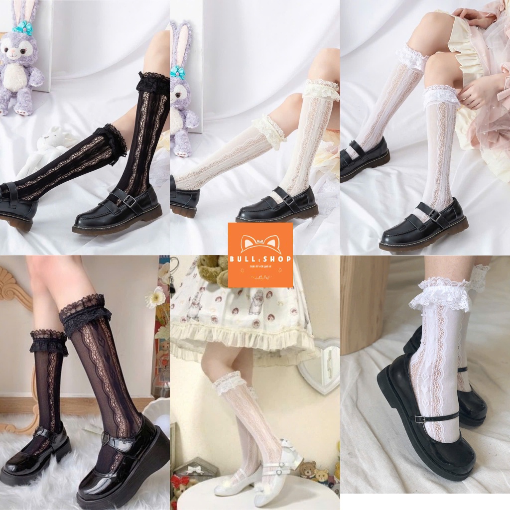 TL192 Lolita JK ถุงเท้าคอสูงผู้หญิง ถุงเท้าลูกไม้บางลายหัวใจ Bull.shop