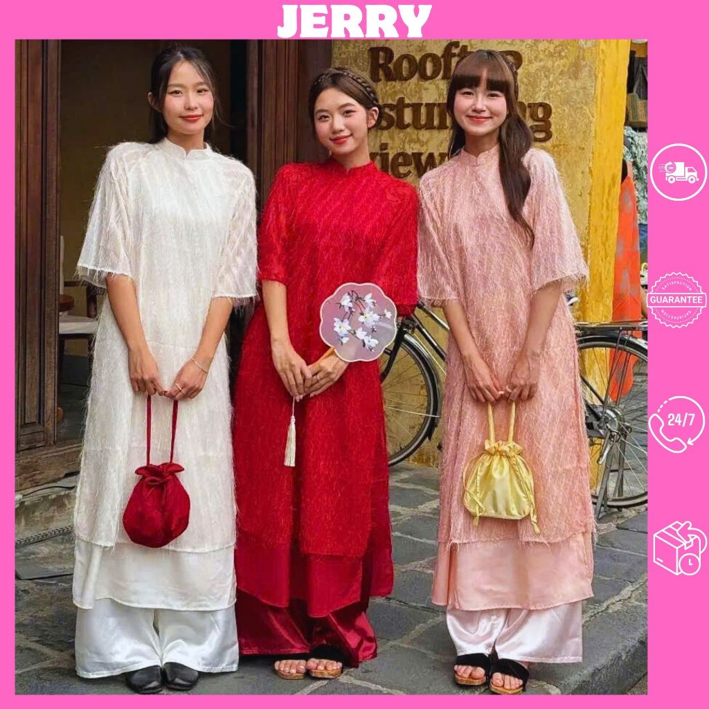 ผู้หญิงสมัยใหม่ ao dai ฝังขนนก KIM SA PHUONG TIEN JERRY (Freesize, plated ao dai ชุดกางเกงผ้าไหมสําห