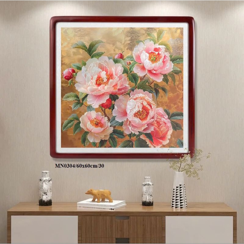 ภาพวาดปักดอกโบตั๋นสีชมพูรุ่นใหม่ mn0304- 60x60cm (ปิดเย็บปักถักร้อย)