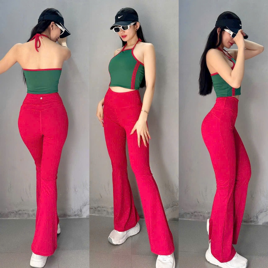 ชุดกีฬาผู้หญิง Bra พร้อมกางเกงโฟม Flared Gym โยคะแอโรบิกคุณภาพสูงหลายสีคริสต์มาส Outing Uniform