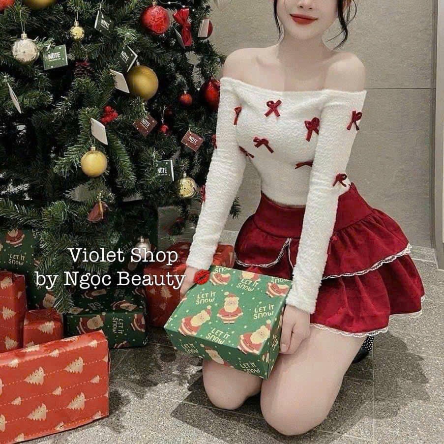 ชุดเดรสแฟชั่น ชุดเซ็ทผู้หญิงใส่คริสมาสต์ไหมพรมลูกไม้คอปาดไหล่ผูกโบว์แขนยาวมินิกระโปรงกํามะหยี่ทรงเอ
