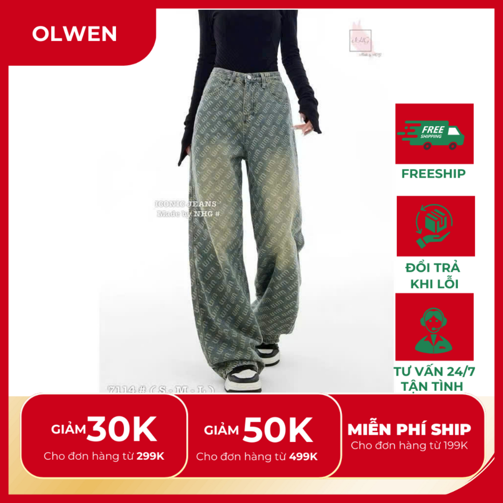 กางเกงยีนส์ขาตรงเอวสูงสําหรับผู้หญิง Olwen-ปักคํา miumiu วาชิหนาและเรียบ retro smoky blue QC2688 Hot