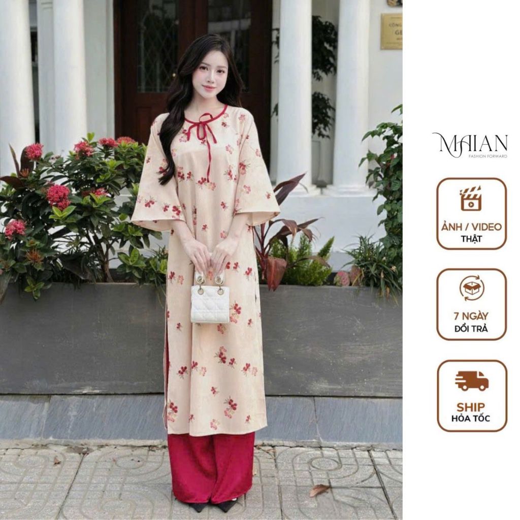 นวัตกรรมแบบดั้งเดิม ao dai พิมพ์ลายดอกไม้ คอกลม ติดกระดุม ห่อด้วยผูกโบว์ Maian Twpal velvet ao dai พร้อมกางเกงผ้าไหมคุณภาพสูง S5193