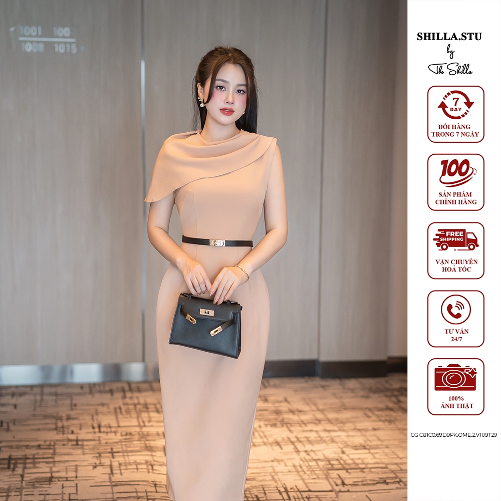 ชุดเดรสดีไซเนอร์ระดับไฮเอนด์สีครีมคอกลมแนวทแยงหรูหรา [รูปถ่ายจริง] The Shilla-CG.C81C0.69D9PK