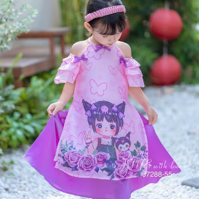 Ao dai สําหรับเด็กผู้หญิงกับ kuromi motifs สุดฮอต เด็กผู้หญิง Ao dai + cv ขนาด 10-30kg