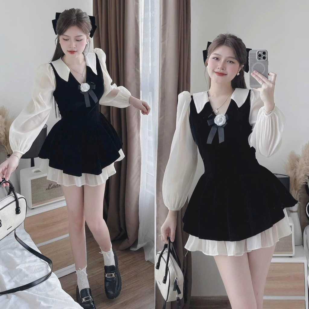 [ดอกไม้ ของขวัญ] ชุดเดรสผู้หญิงผ้ากํามะหยี่และผ้าไหมคอวีเอวเปิดลงแขนน่าระทึกใจน่ารัก HV126