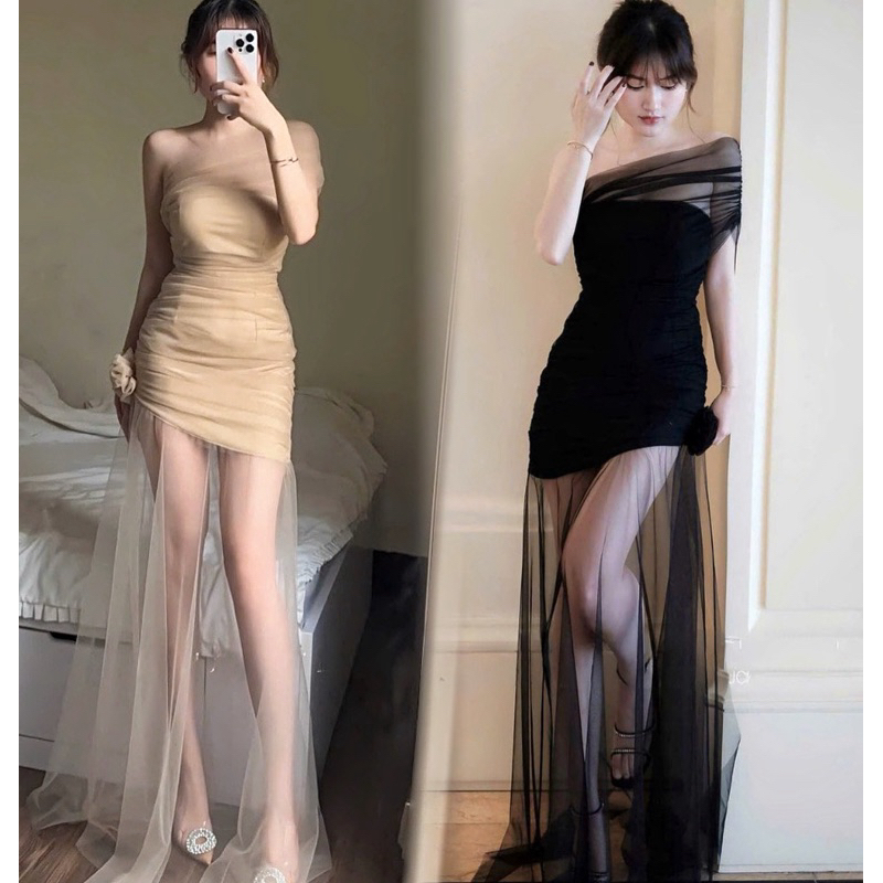 ชุดเดรสผ้าชีฟองเปิดไหล่พร้อม Bustier สามารถใส่ได้ 3 รูปแบบพร้อมแท็กดอกไม้ตาข่ายเร้าใจดีไซน์เซ็กซี่ - Xt.Fashion