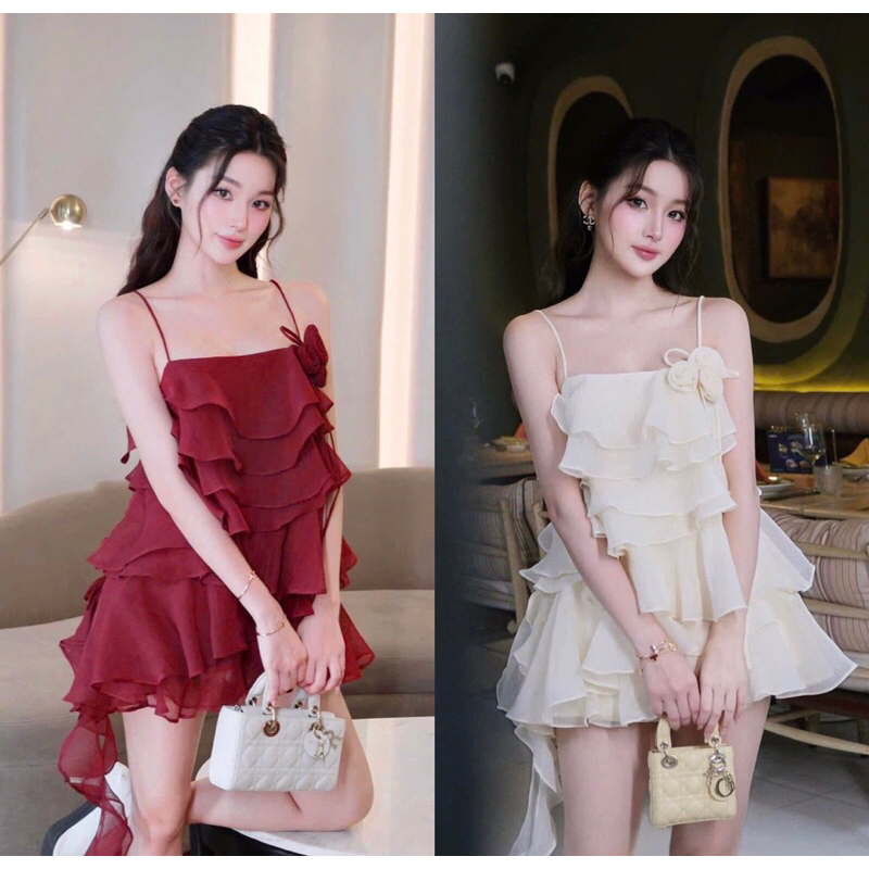 ชุดเสื้อชีฟอง 2 ชั้นพร้อม รัฟเฟิล ดอกไม้และกางเกงสั้น
