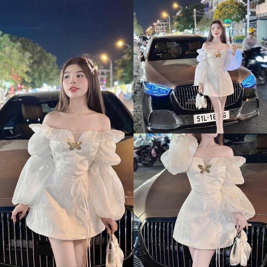 เดรสดีไซน์ด้วยผ้าโบรเคดและผ้าไหม แอพลิควาบัตเตอร์เปิดไหล่ แขนยาว แขนพอง กระโปรงสั้นสีขาวสุดหรู