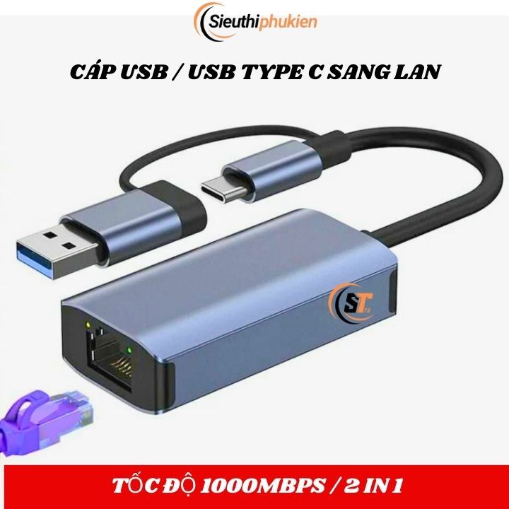 สายพอร์ต Lan USB type c to giga 2 in 1 ของแท้ USB-c to Lan RJ45 โดยไม่ต้องติดตั้งแผ่นดิสก์