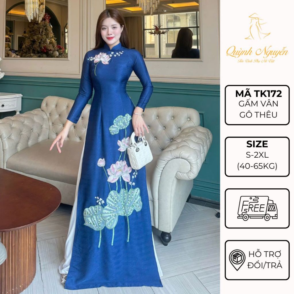 ผู้หญิง ao dai ao dai Quynh NGUYEN ผ้าลายไม้สีเขียว ao dai ปักดอกบัวหรูหรา CODE TK172