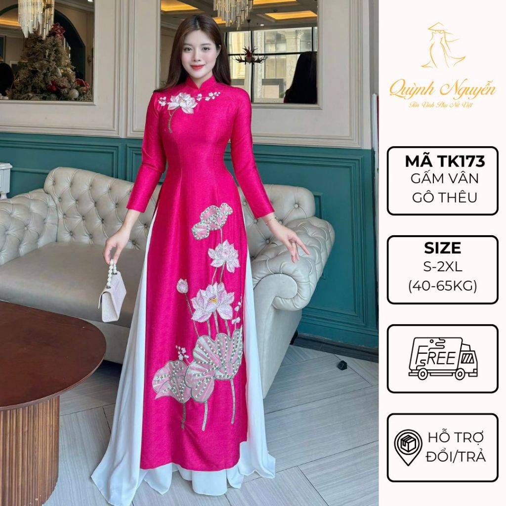ผู้หญิง ao dai Quynh NGUYEN ao dai ปักดอกบัว ผ้าลายไม้คุณภาพสูง สีชมพูหรูหรา ao dai CODE TK173