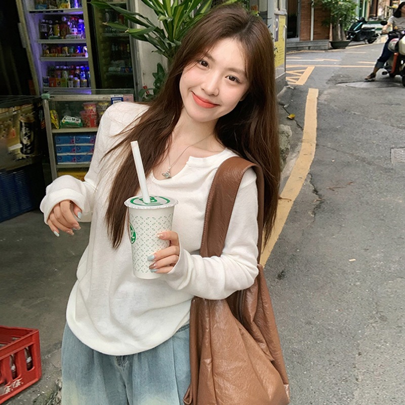 Peonyb ผู้หญิงกว้าง V คอ babytee เสื้อเชิ้ตแขนยาว - เสื้อสเวตเตอร์ขนสัตว์ยืดหยุ่นบาง ๆ ที่สวยงาม - A