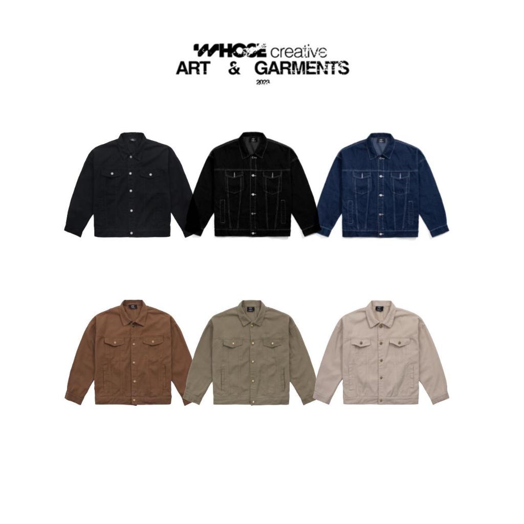 DENIM JACKET - เสื้อแจ็คเก็ตผ้าเดนิมสีน้ําเงิน Hoes Studio ด้ายสีขาว