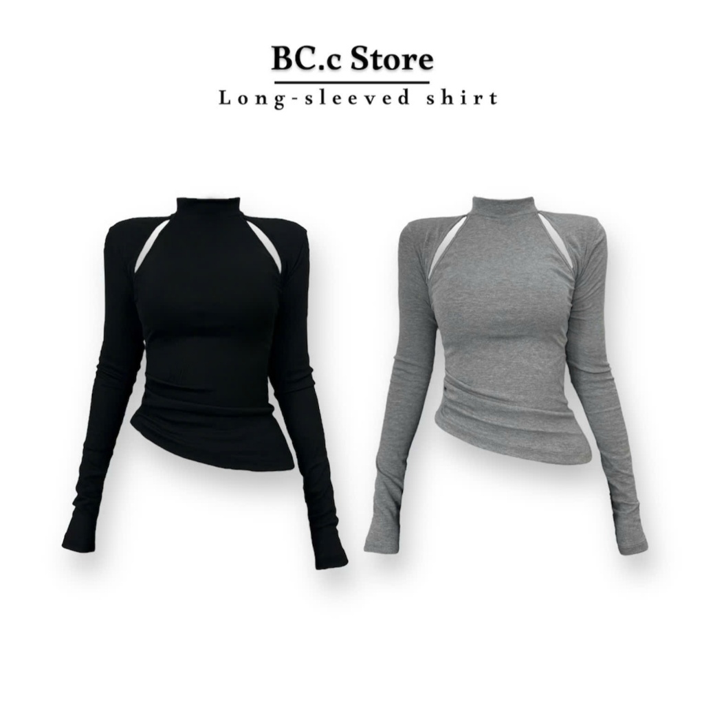 BCc Store เสื้อยืดแขนยาวผู้หญิงคอปกผ่าเอวจับจีบ