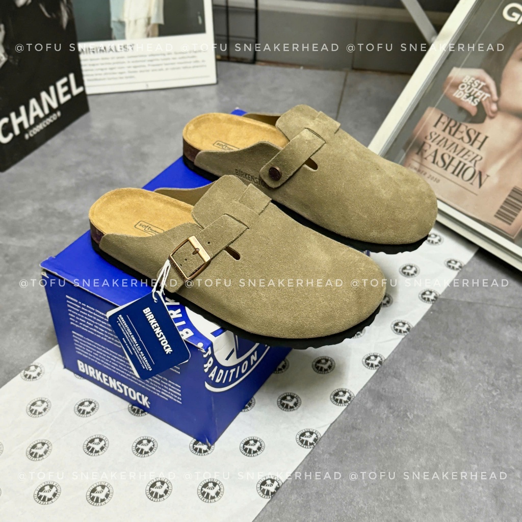 Birkenstock Boston VeganGray Taupe Desert Dust รองเท้าแตะ 1023196, รองเท้าแตะ Birkenstock Boston Veg