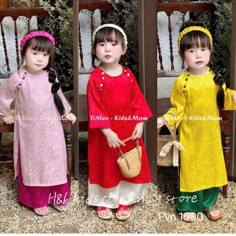 เด็กผู้หญิง ao dai ไหมนุ่ม ao dai มีกระดุมทั้งสองด้าน ฟรีแผงคอสําหรับเด็กผู้หญิง 10-30kg