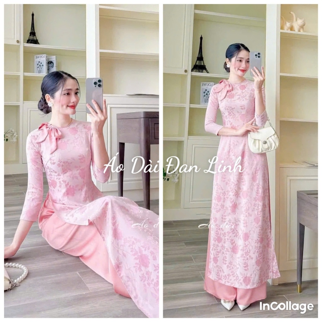 โบรเคดสีชมพู Ao Dai มีโบว์ - Linh Dan Ao Dai