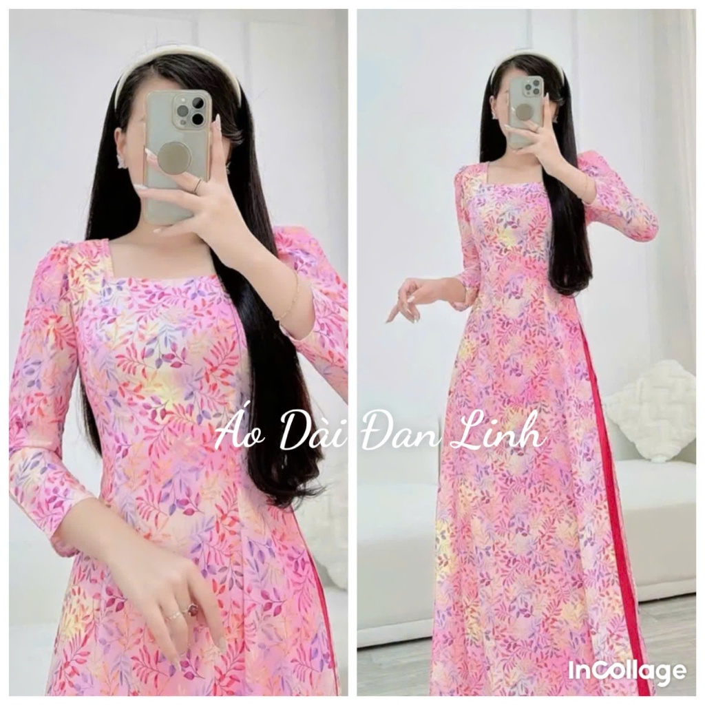 Ao Dai พร้อมดอกไม้สีชมพูพิมพ์ลาย 3 มิติคอเหลี่ยมและแขนพัฟ - Dan Linh Ao Dai