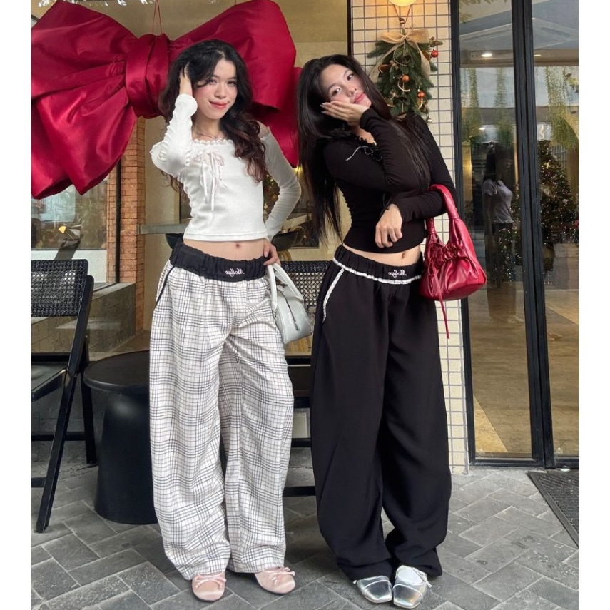 MOLLYE - กางเกง LINY| กางเกงขากว้างผู้หญิง ฟรีไซส์ กางเกงขากว้างมีกระเป๋าเอวยางยืด