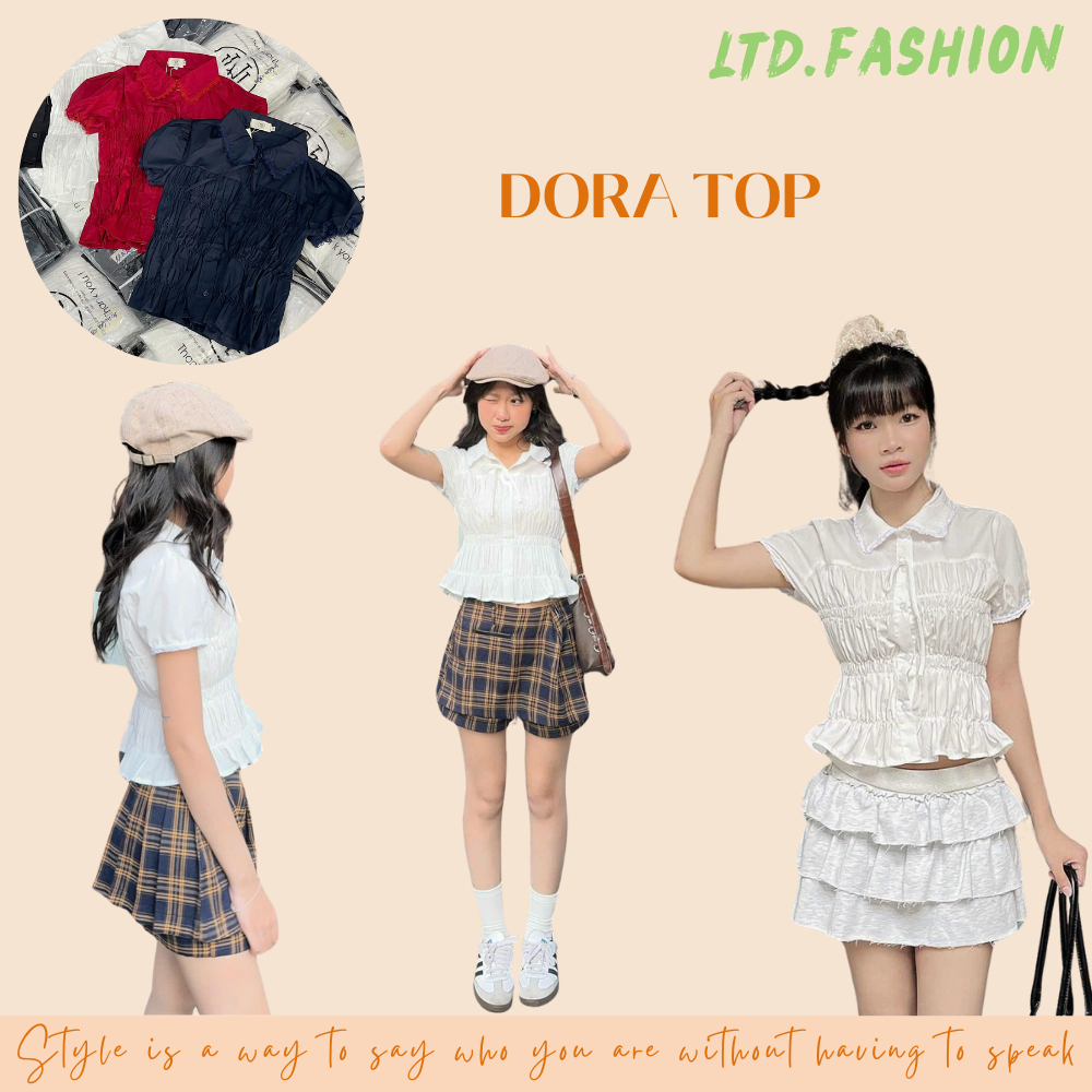 เสื้อเชิ้ตแขนพองมีลูกไม้ผสมหน้าอก - LTD.FASHION - DORA TOP