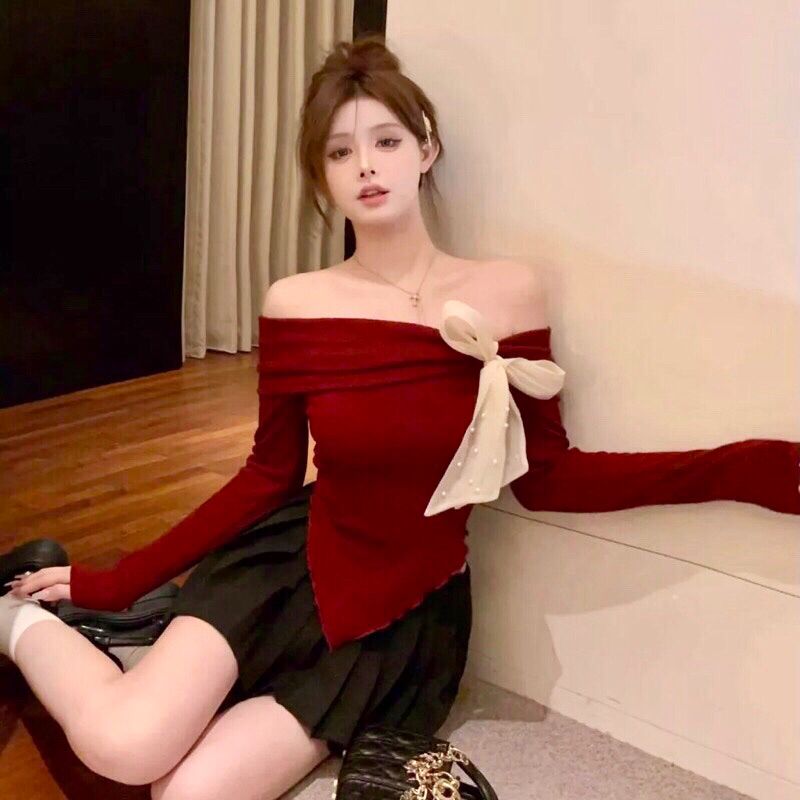 เดรสปาดไหล่ผู้หญิง ชุดเซตเนื้อเย็นยืดเข้ารูป ก339