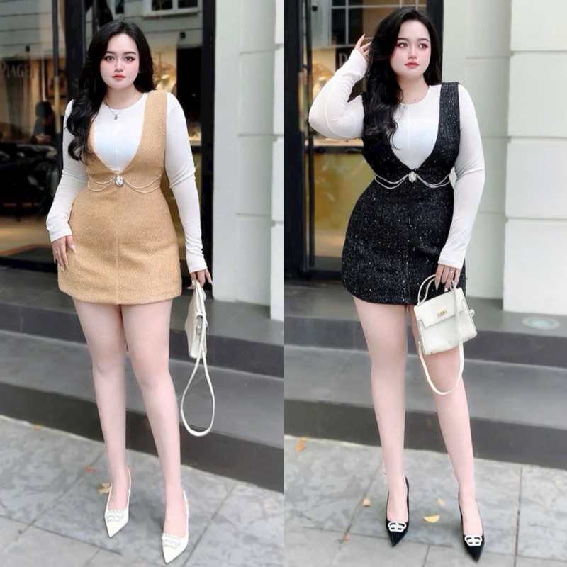 Bigsizetix S60 Set ชุดราตรีผ้าทวีตพร้อมเสื้อยืดสีขาวแขนยาวสุดหรู 50-90kg