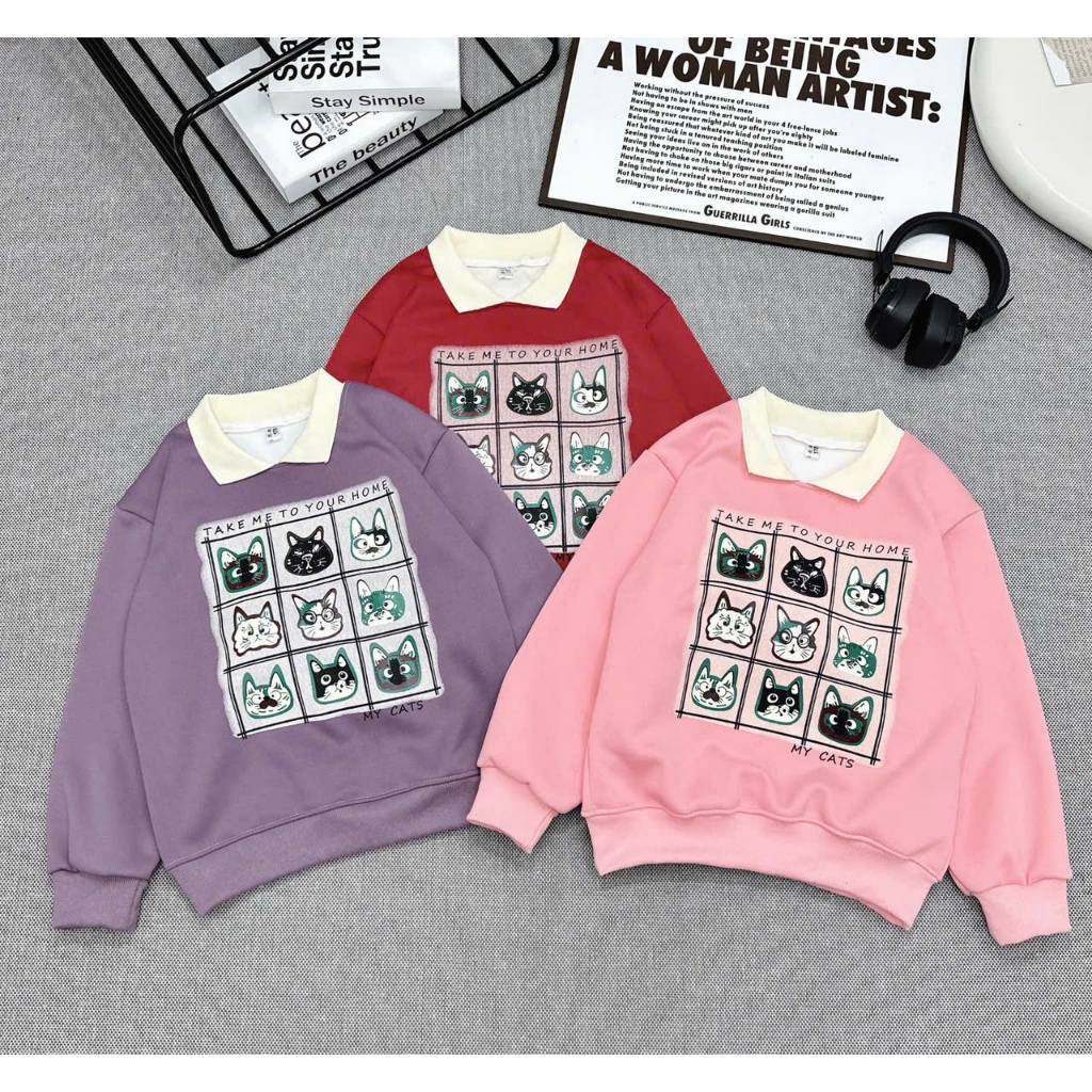 เสื้อสเวตเตอร์คอปกลายตุ๊กตาสุดอบอุ่นพิมพ์ลาย MYCAT CAT สําหรับเด็กผู้หญิง