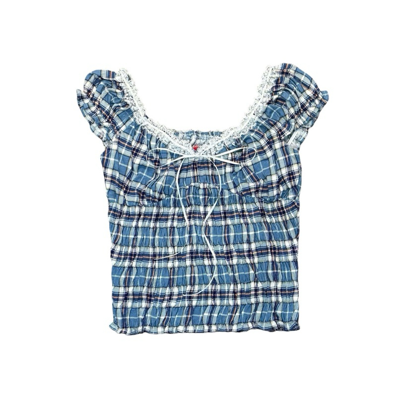 Errers Gather Blue Top เสื้อปาดไหล่ลายตารางหมากรุกและลูกไม้