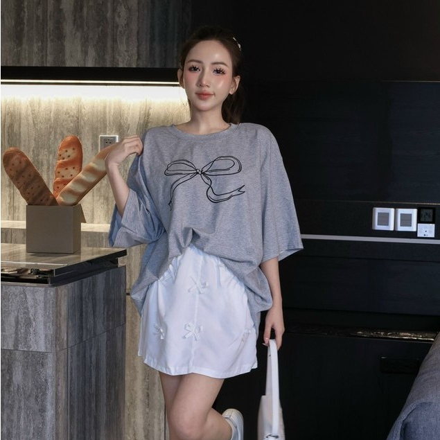 H2STORE - ชุดเสื้อยืด WIDE BOW พร้อมกระโปรง A-LINE - K05799