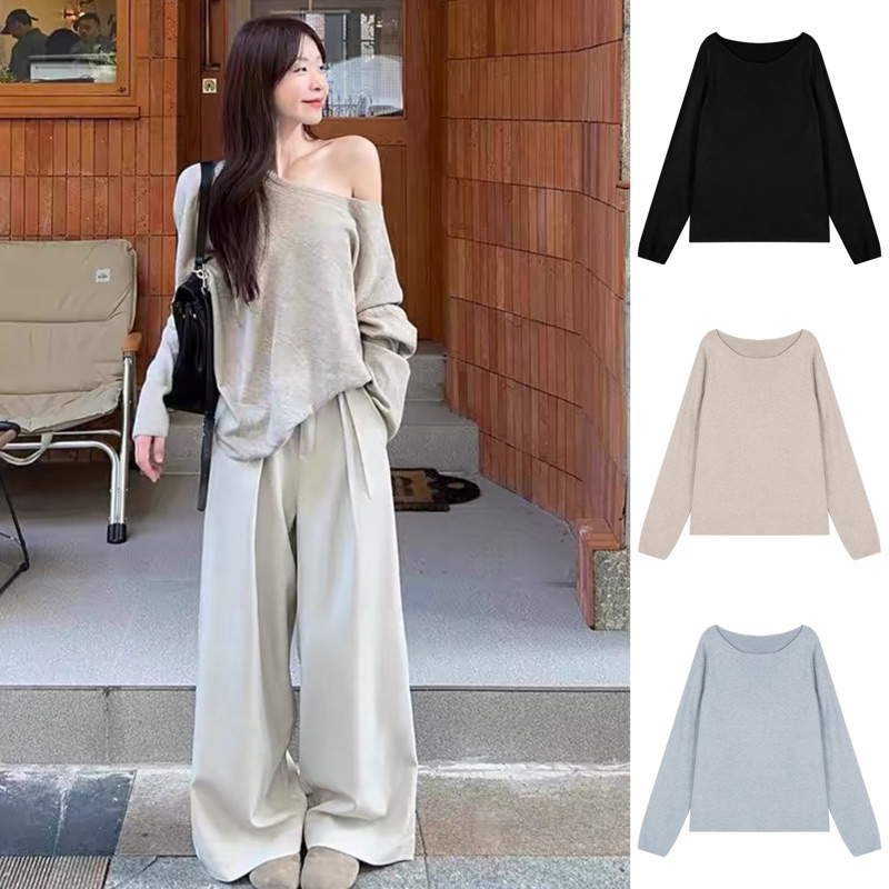เสื้อปาดไหล่แขนยาว เสื้อยืดทรงหลวม IN THICK, SOFT RABBIT FUR สําหรับผู้หญิง m664