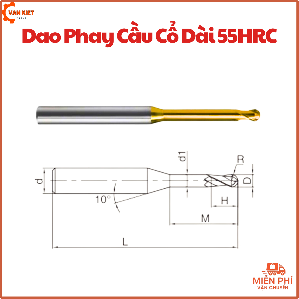 R0.5 - R0.9 เครื่องตัดกัดลูกบอลคอยาว 2F ความแข็ง 55HRC